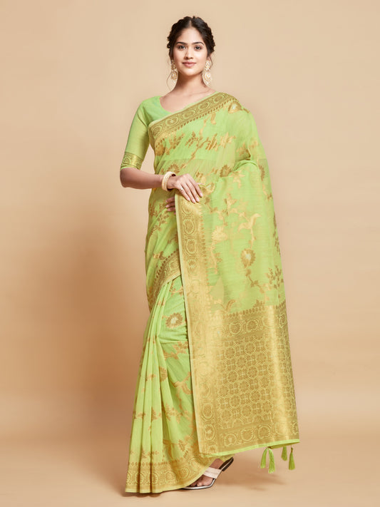 Pista Green Soft Linen Silk Saree With Zari Weaving Work