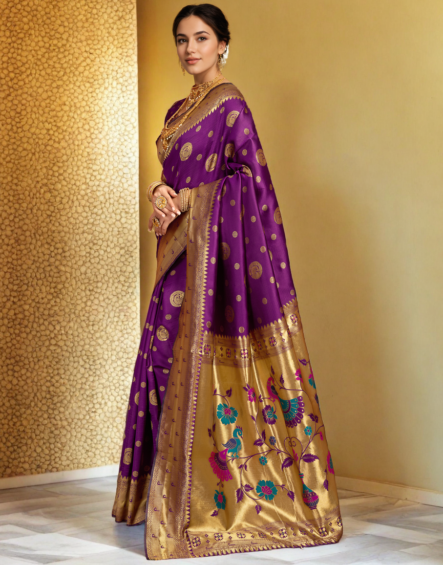 Wine Paithani Silk Saree With Zari Weaving Work