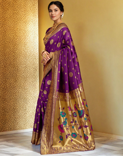 Wine Paithani Silk Saree With Zari Weaving Work