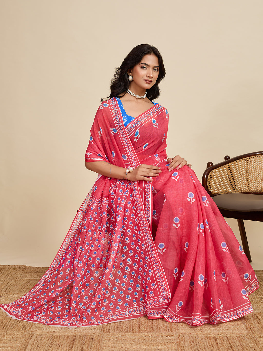 Gajari Linen Cotton Saree With Digital Printed Work And Silver Zari Border