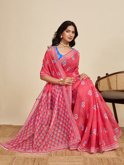 Gajari Linen Cotton Saree With Digital Printed Work And Silver Zari Border