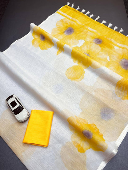 Yellow Color Plain Mix Linen Cotton Saree With Digital Printed Work