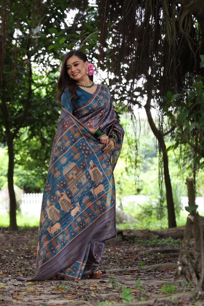 Purple Peacock Printed Tussar Silk Saree | Traditional Festive Ethnic Wear – JaipurSaaj
