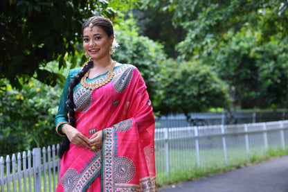 Rani Pink Madhubani Printed Soft Tussar Silk Saree | Traditional Festive Ethnic Wear – JaipurSaaj