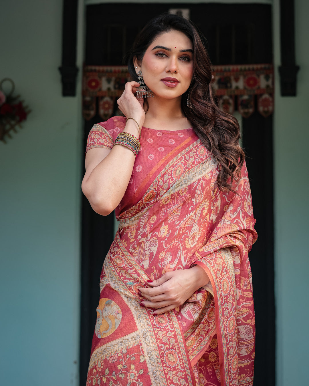 Pink Kalamkari Printed Linen Cotton Saree | Summer Casual & Ethnic Wear – JaipurSaaj