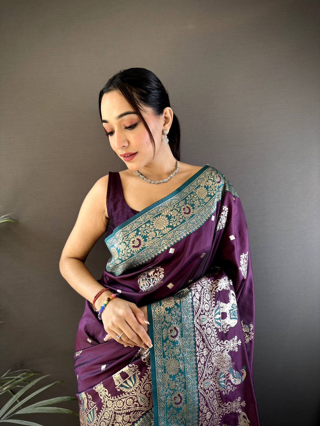 Wine Banarasi Silk Saree With Meenakari Zari Weaving Work | Bridal Wedding Wear – JaipurSaaj