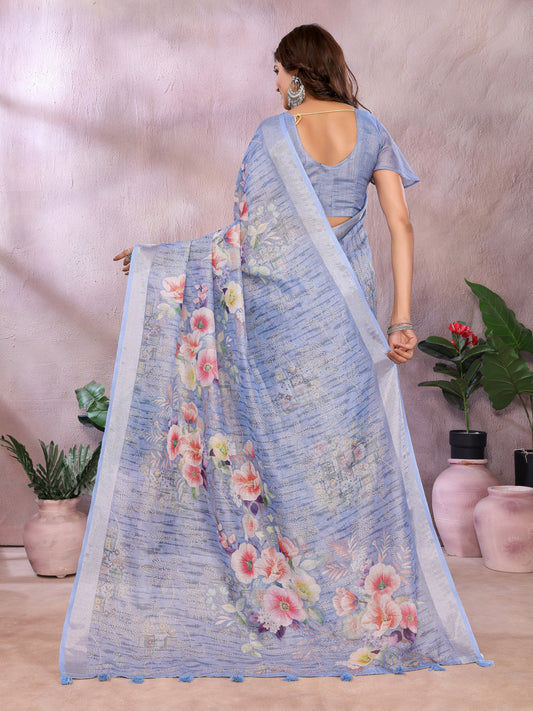 Sky Blue Linen Cotton Saree With Digital Printed Work And Silver Zari Border