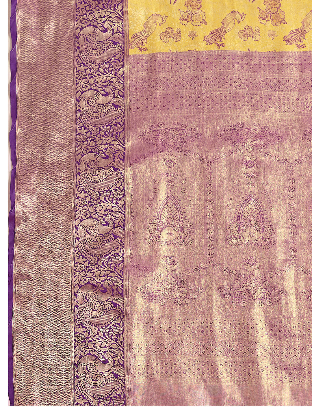 Yellow Kanjivaram Silk Saree with Zari Weaving Work & Big Border | Bridal Wedding Wear – JaipurSaaj