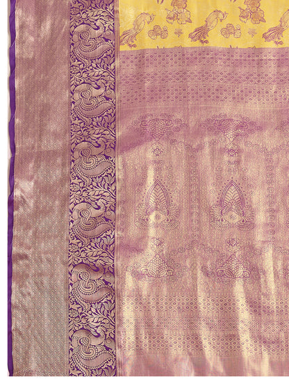 Yellow Kanjivaram Silk Saree with Zari Weaving Work & Big Border | Bridal Wedding Wear – JaipurSaaj