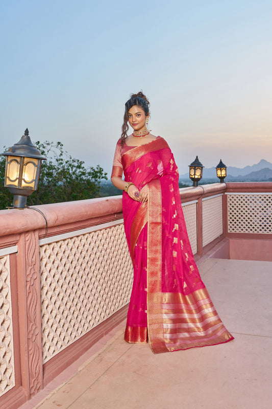 Rani Pink Kota Doriya Saree With Zari Weaving Work | Party & Festive Wear – JaipurSaaj