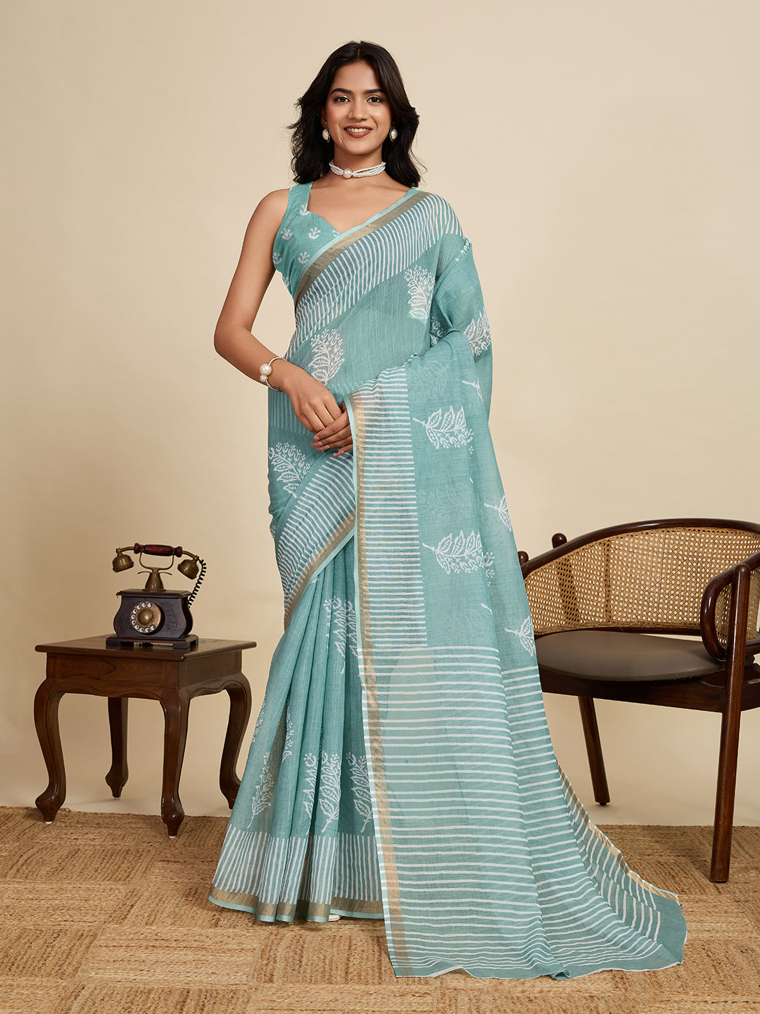 Sea Green Linen Cotton Saree With Digital Printed Work And Silver Zari Border | Lightweight Party & Festive Wear – JaipurSaaj