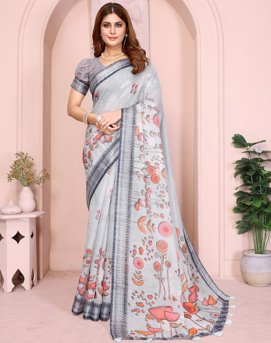 Multi Linen Cotton Saree With Digital Printed Work And Silver Zari Border