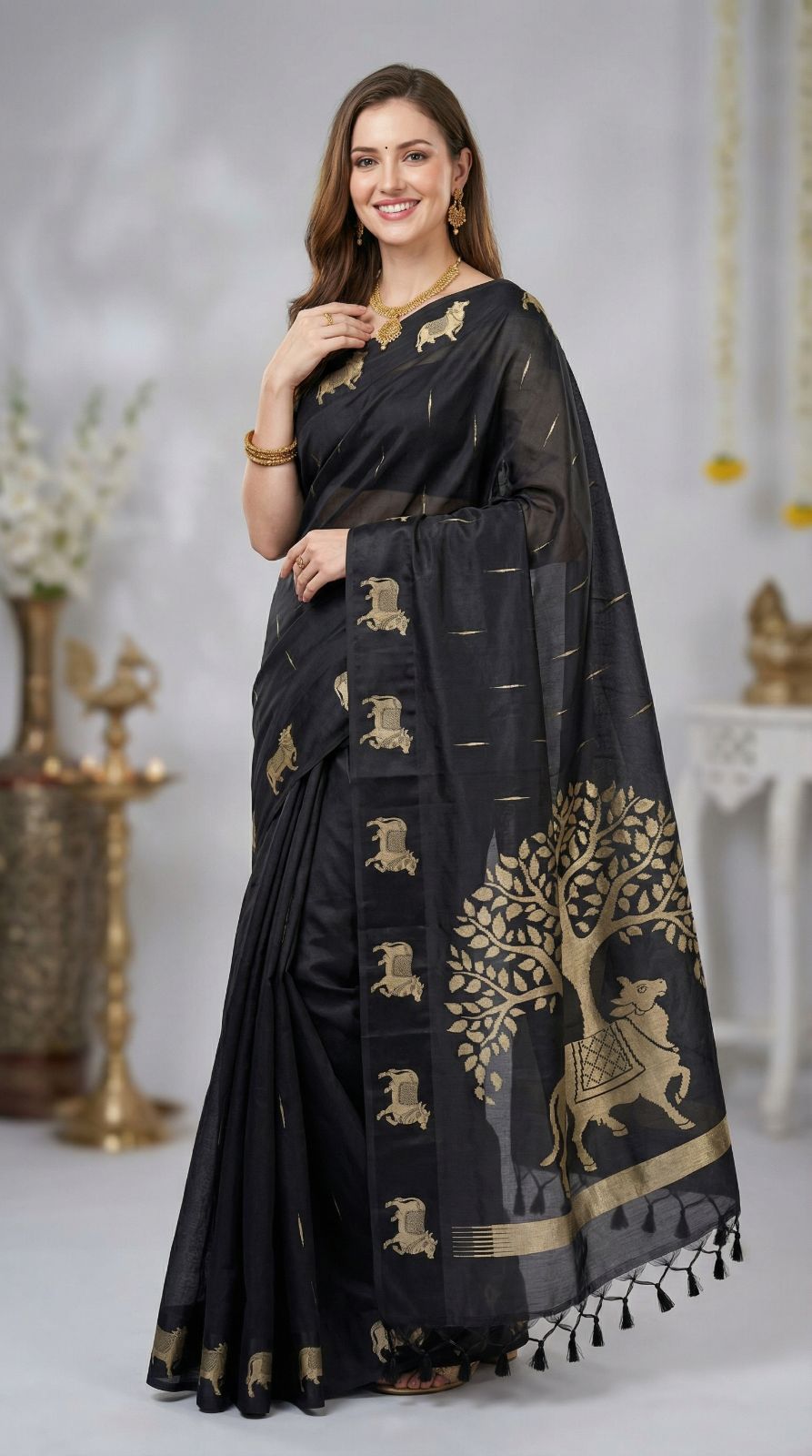 Black Khadi Raw Silk Saree With Zari Weaving Cow Pallu & Border | Traditional Festive Wear – JaipurSaaj