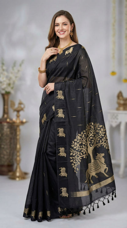 Black Khadi Raw Silk Saree With Zari Weaving Cow Pallu & Border | Traditional Festive Wear – JaipurSaaj