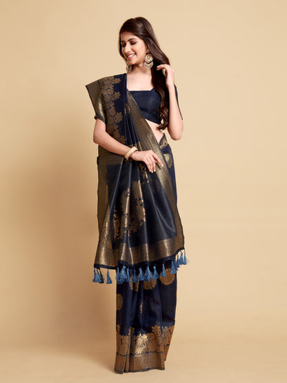 Navy Blue Soft Linen Silk Saree With Zari Weaving Work | Traditional Wedding & Festive Wear – JaipurSaaj