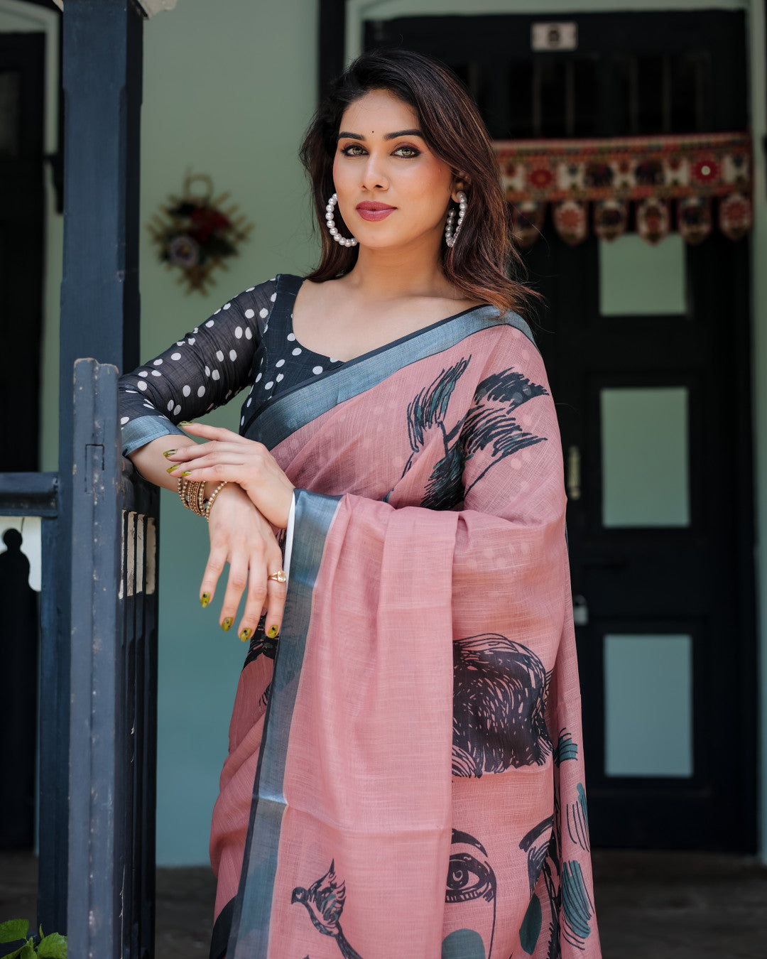 Pink Floral Digital Printed Linen Cotton Saree | Office & Casual Ethnic Wear – JaipurSaaj