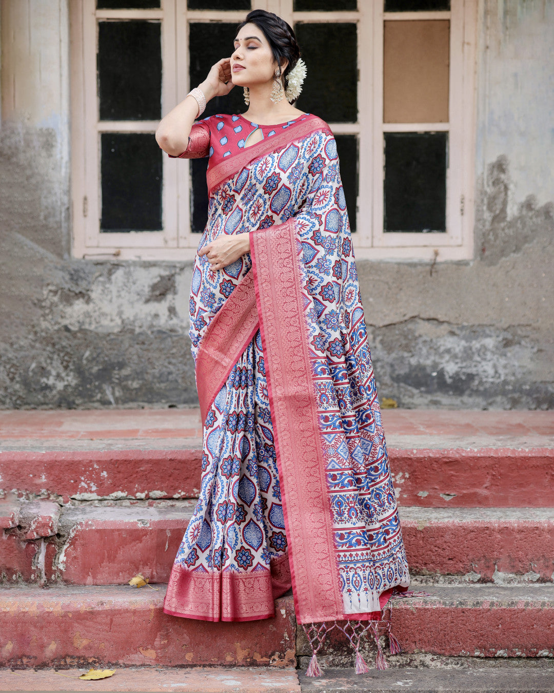 Multi Color Digital Printed Tussar Silk Saree With Zari Motif Border | Traditional Festive Ethnic Wear – JaipurSaaj