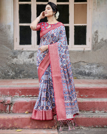 Multi Color Digital Printed Tussar Silk Saree With Zari Motif Border | Traditional Festive Ethnic Wear – JaipurSaaj