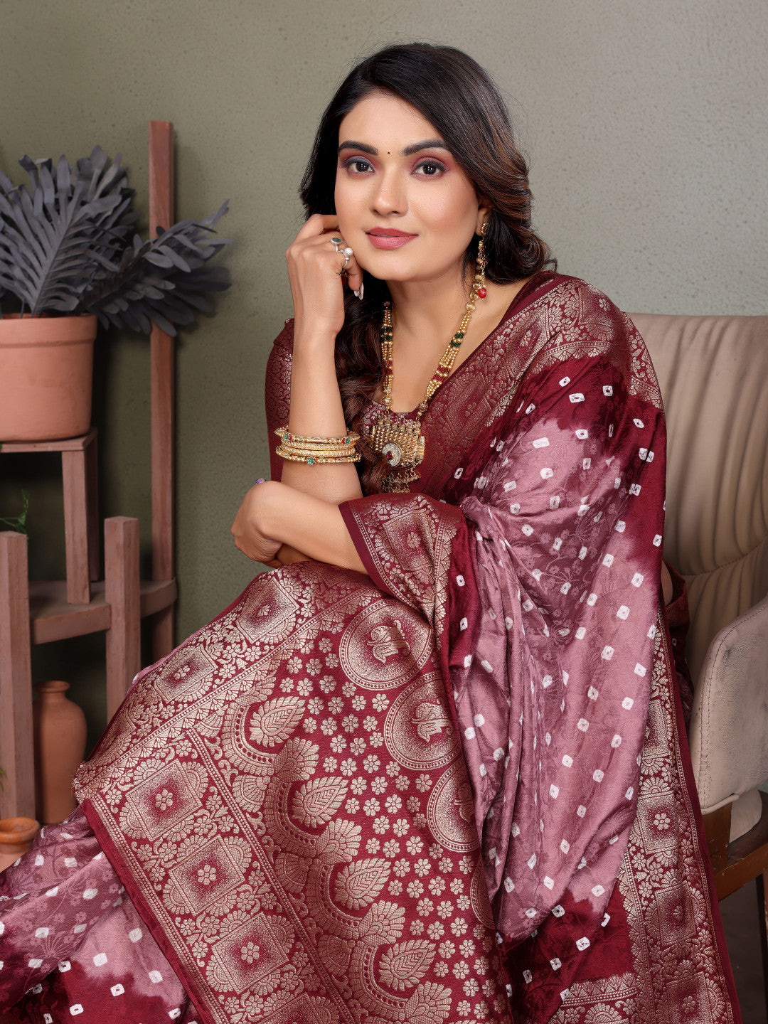 Light Coffee & Maroon Bandhej Silk Saree With Zari Weaving Work | Festive Wedding Wear – JaipurSaaj