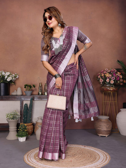 Magenta Linen Cotton Saree With Silver Zari Border | Lightweight Elegant Party Wear – JaipurSaaj