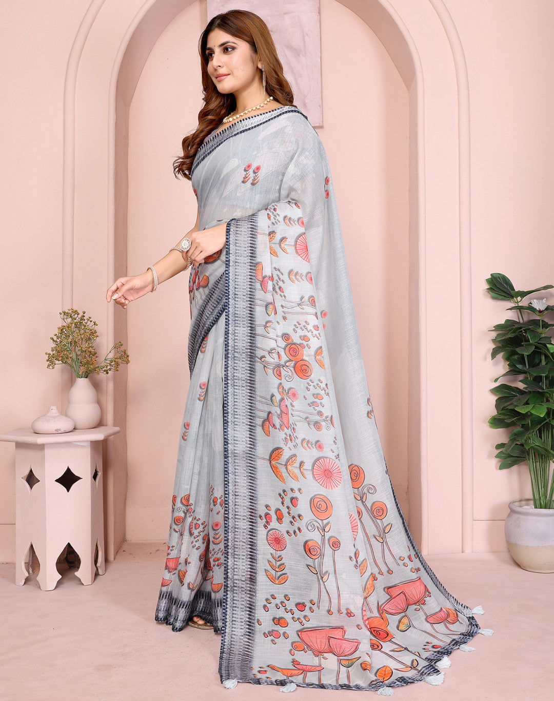 Multi Linen Cotton Saree With Digital Printed Work And Silver Zari Border