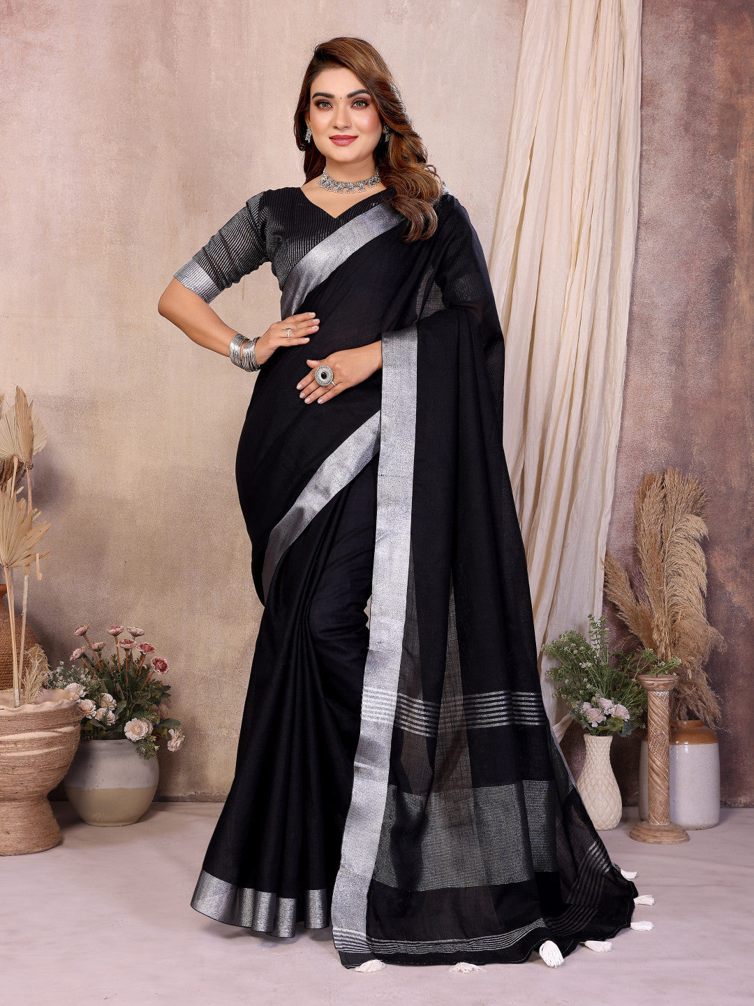 Black Linen Cotton Saree With Silver Zari Border