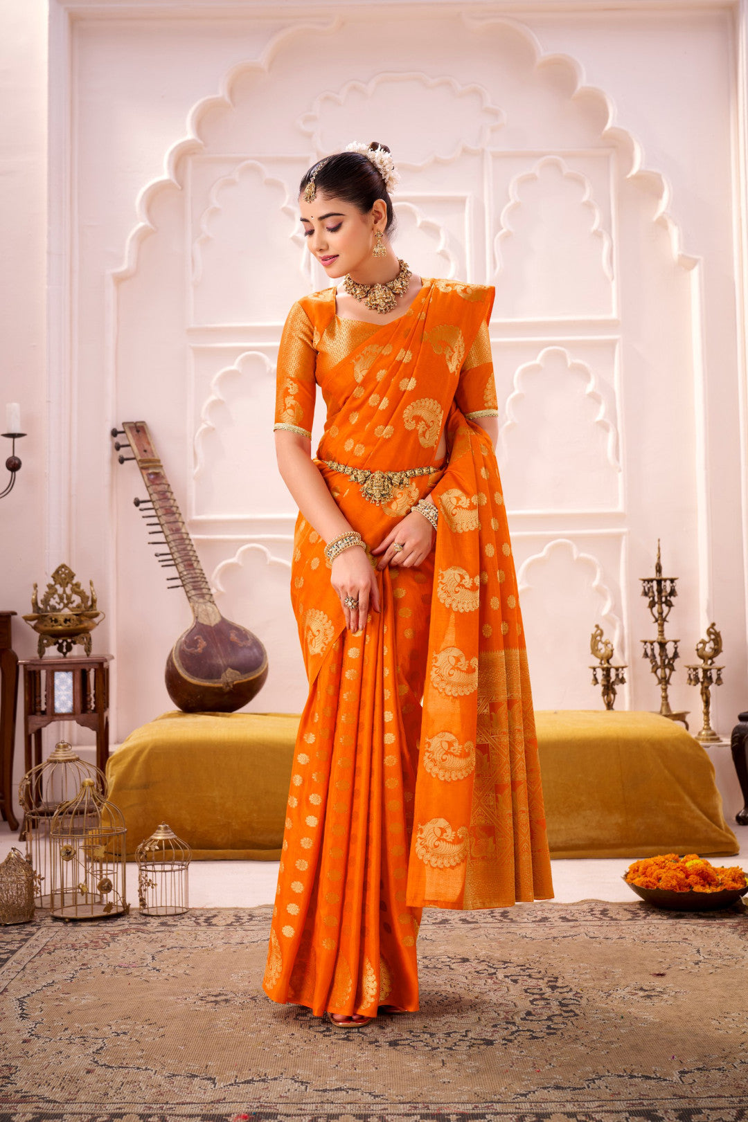 Orange Soft Roop Silk Saree With Printed Work & Zari Weaving Border | Traditional Festive Wear – JaipurSaaj