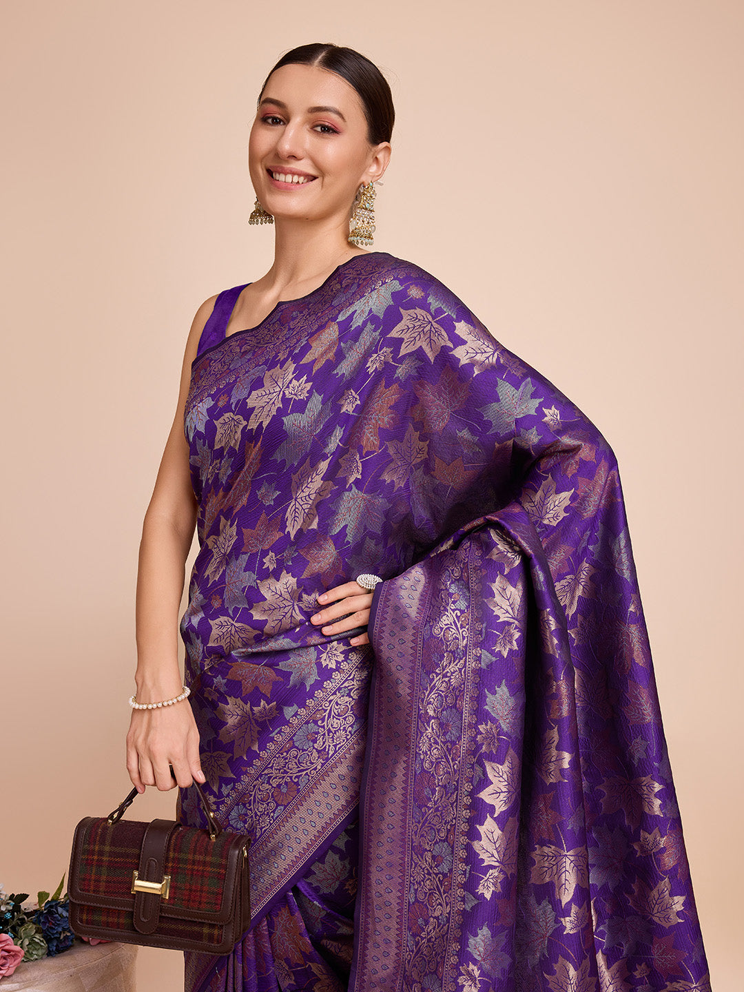 Golden & Copper Zari Weaving With Purple Soft Silk Banarasi Saree | Party & Wedding Wear - JaipurSaaj