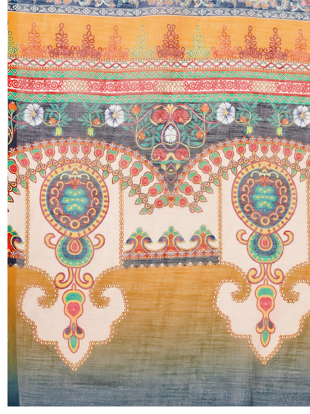 Multi Linen Cotton Saree With Digital Printed Work And Silver Zari Border