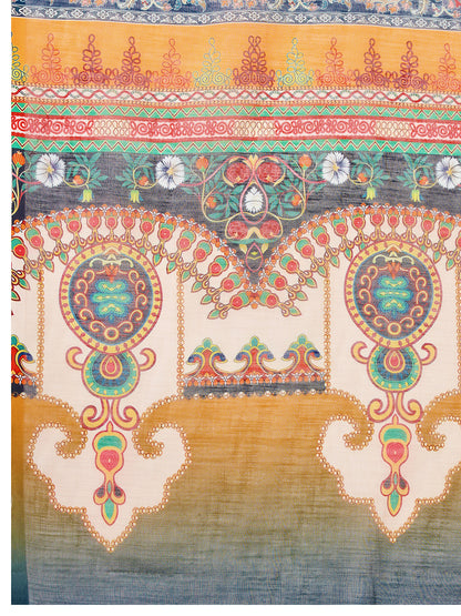 Multi Linen Cotton Saree With Digital Printed Work And Silver Zari Border
