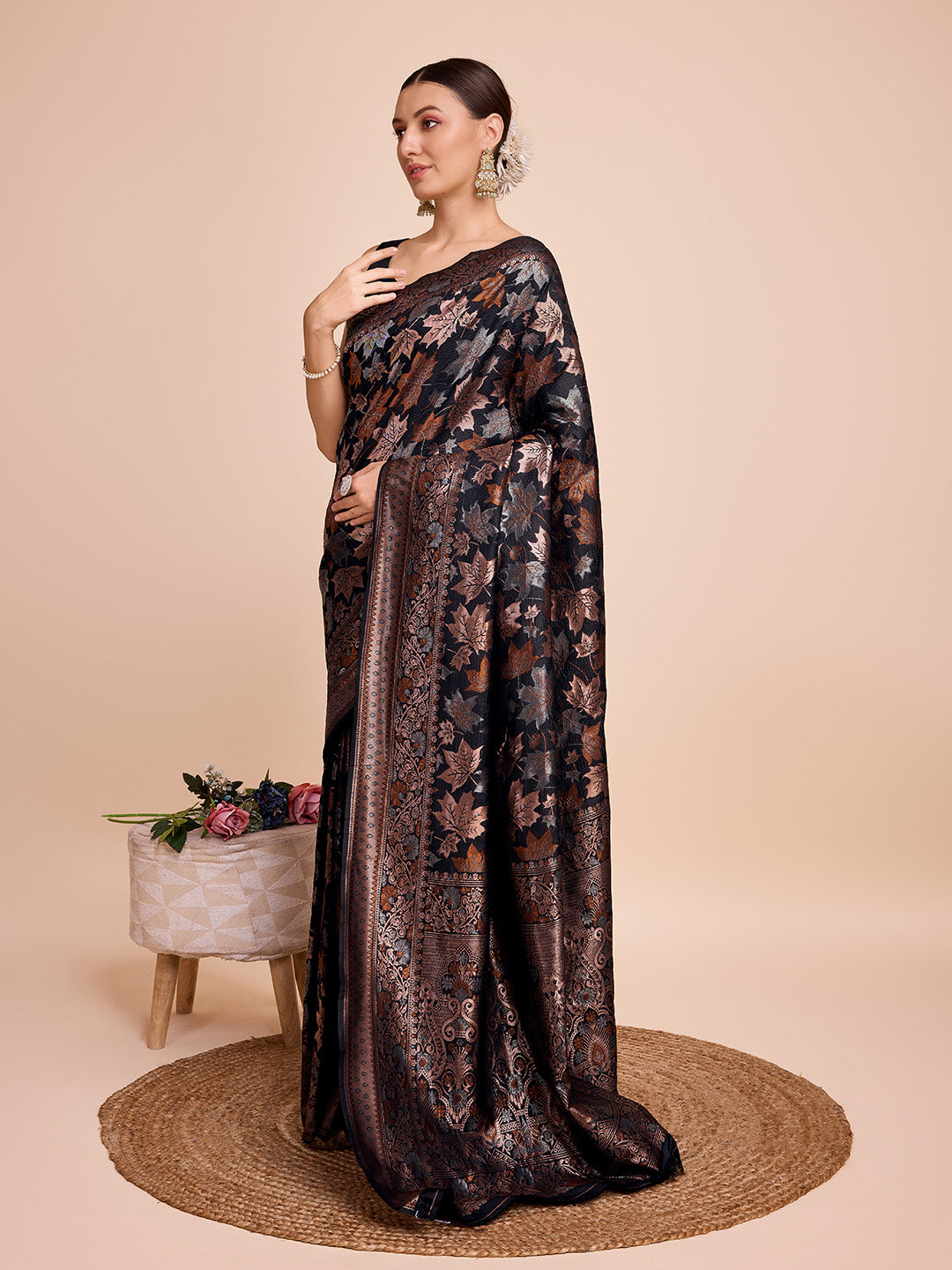 Golden & Copper Zari Weaving With Black Soft Silk Banarasi Saree | Party & Wedding Wear - JaipurSaaj