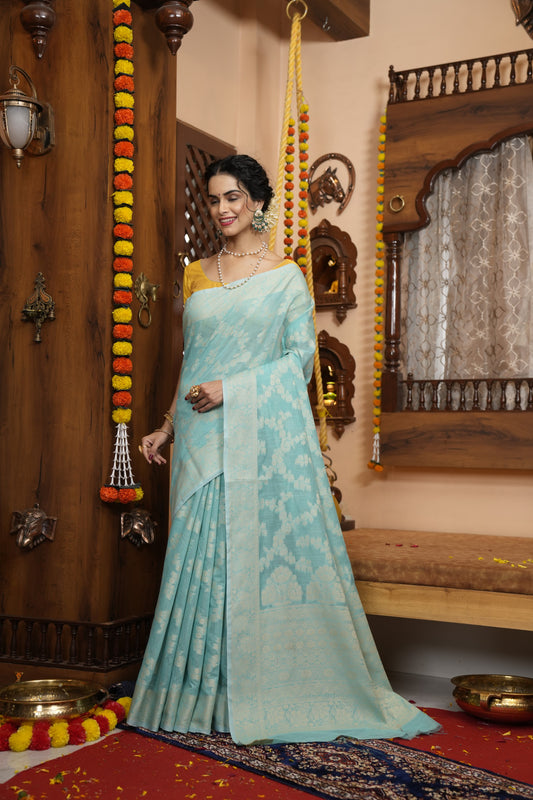 Sea Green Soft Cotton Saree With Lucknowi Work