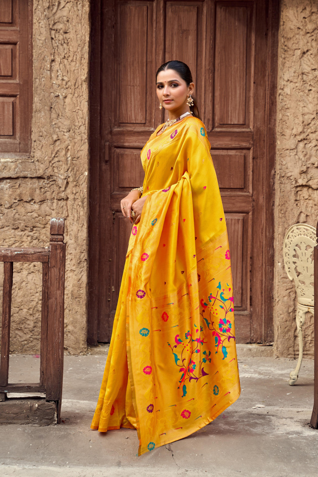 Traditional Yellow Paithani Silk Saree With Zari Weaving Work