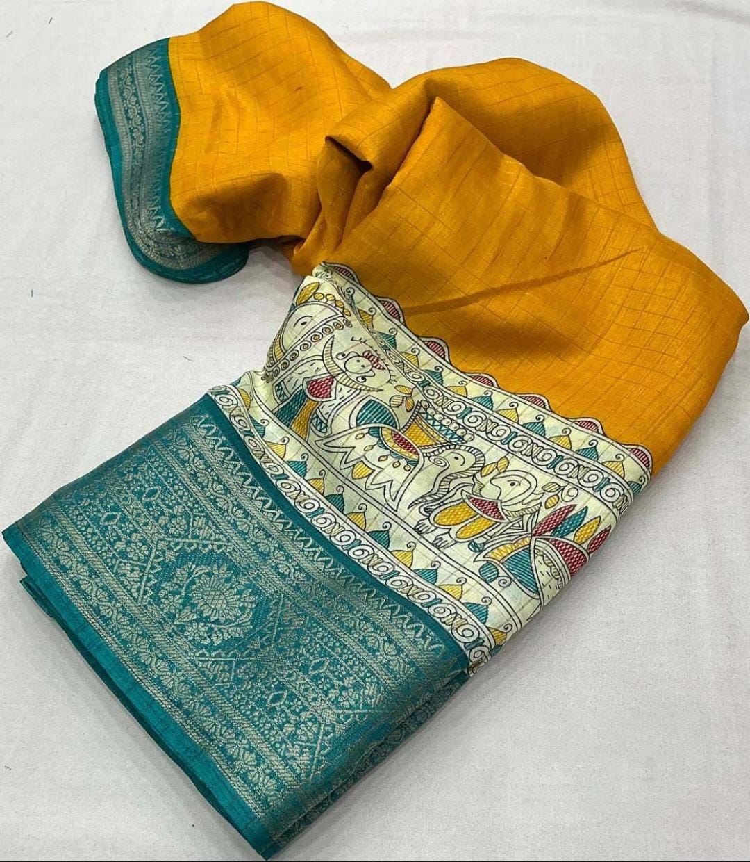 Yellow Dola Silk Saree With Beautiful Madhubani Printed Pallu Work