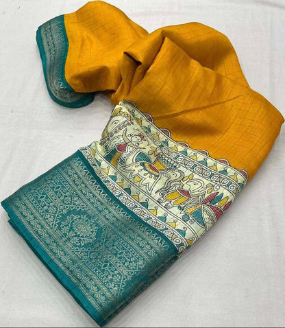 Yellow Dola Silk Saree With Beautiful Madhubani Printed Pallu Work