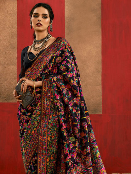 Black Pashmina Silk Saree With Traditional Woven Design | Festive & Wedding Wear – JaipurSaaj