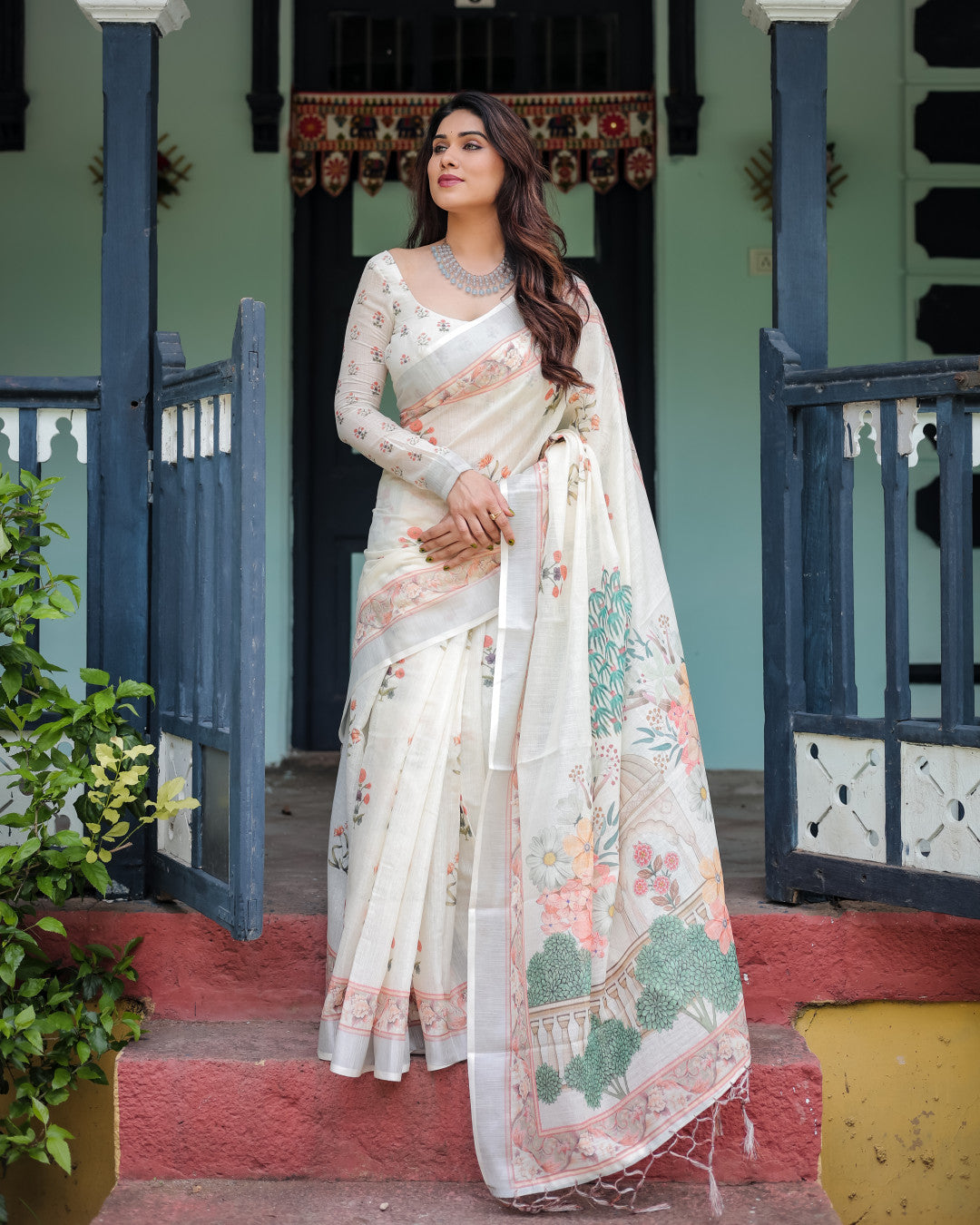 Off White Summer Special Digital Printed Linen Cotton Saree