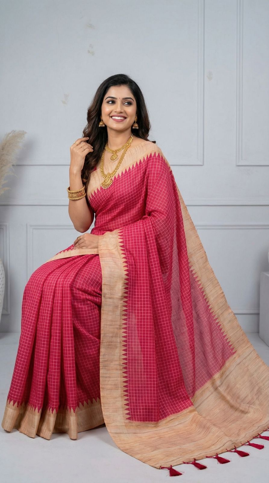 Rani Pink Tussar Silk Saree With Checks Weaving Work | Office & Festive Wear – JaipurSaaj