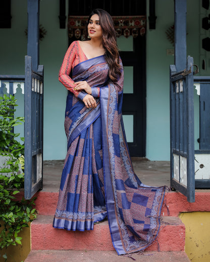Multi Summer Special Digital Printed Linen Cotton Saree