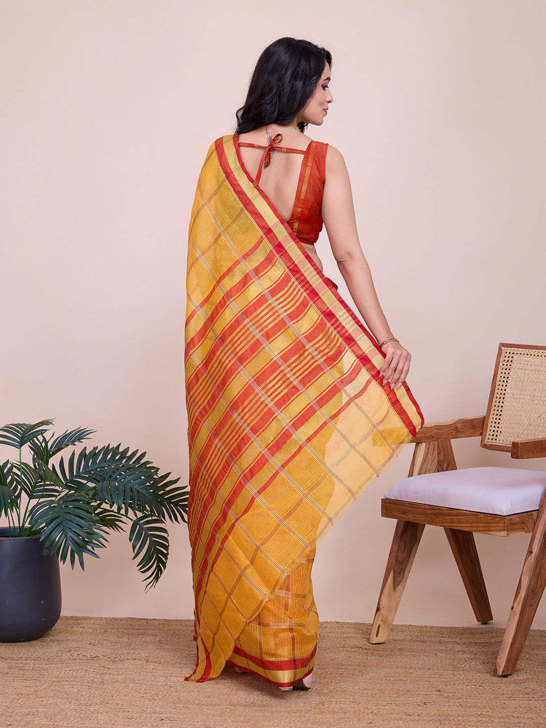 Yellow Kota Doriya Saree With Zari Weaving Work