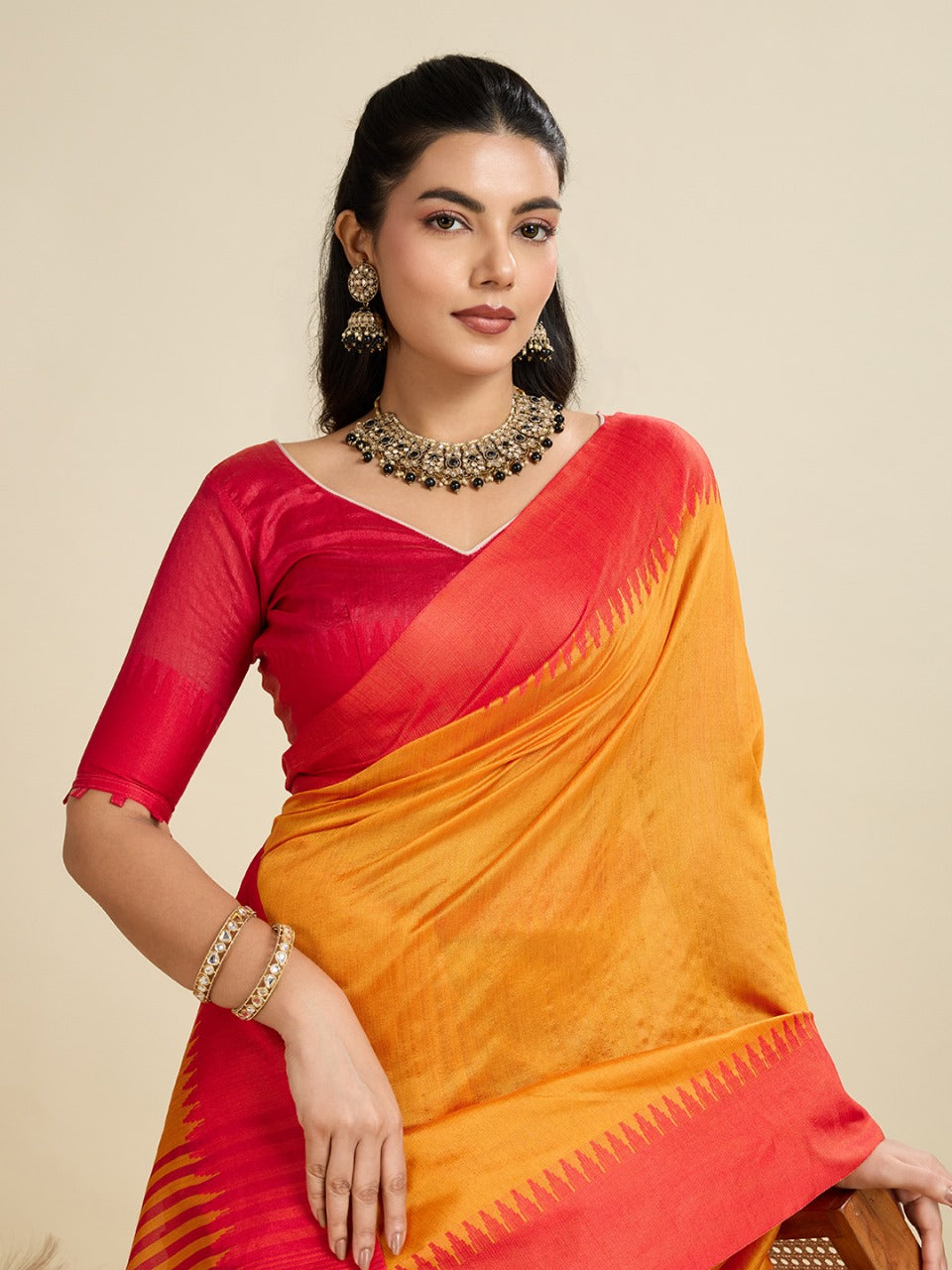 Orange Color Khadi Raw Silk Saree With Zari Lining Pallu With Tample Border