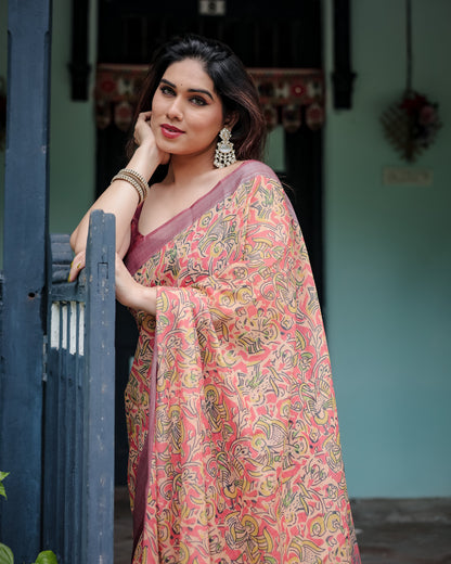 Beige Floral Digital Printed Linen Cotton Saree