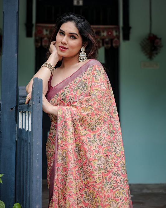 Beige Floral Digital Printed Linen Cotton Saree