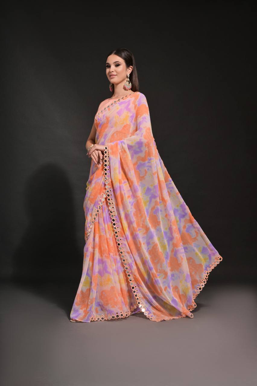 Orange Chiffon Silk Saree with Prism Print & Foil Mirror Work Border | Designer Party Wear – JaipurSaaj