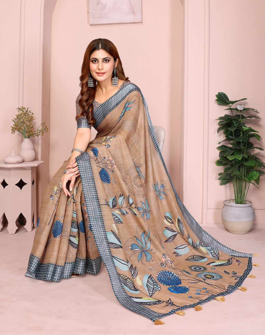 Beige Linen Cotton Saree With Digital Printed Work And Silver Zari Border
