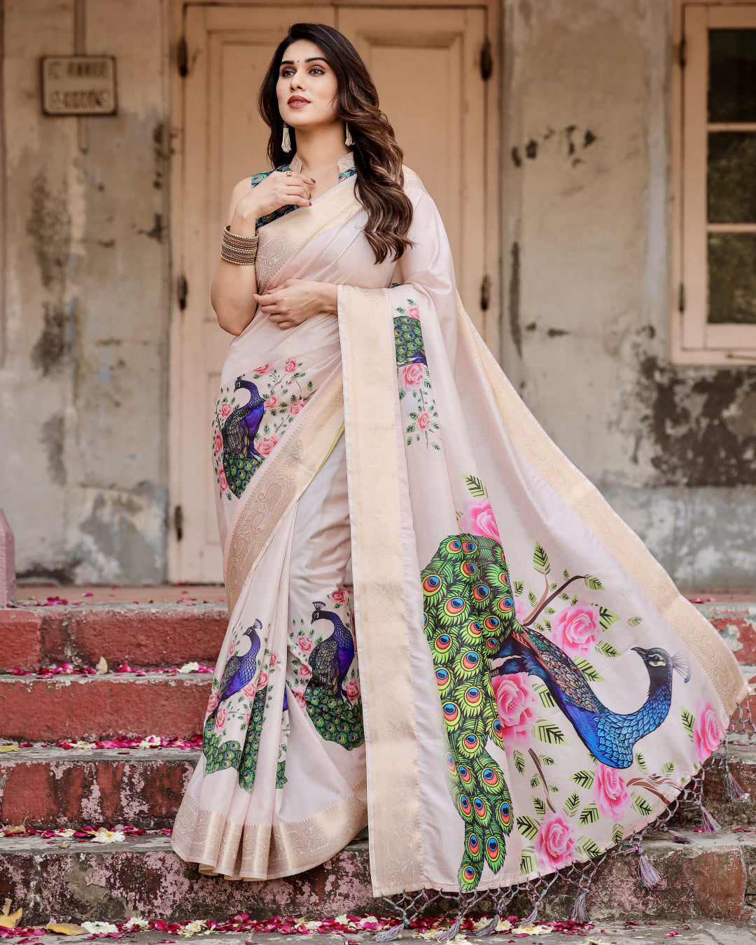 Pastel Pink Tussar Silk Saree With Digital Kalamkari Print & Zari Motif Border | Casual & Festive Wear – JaipurSaaj