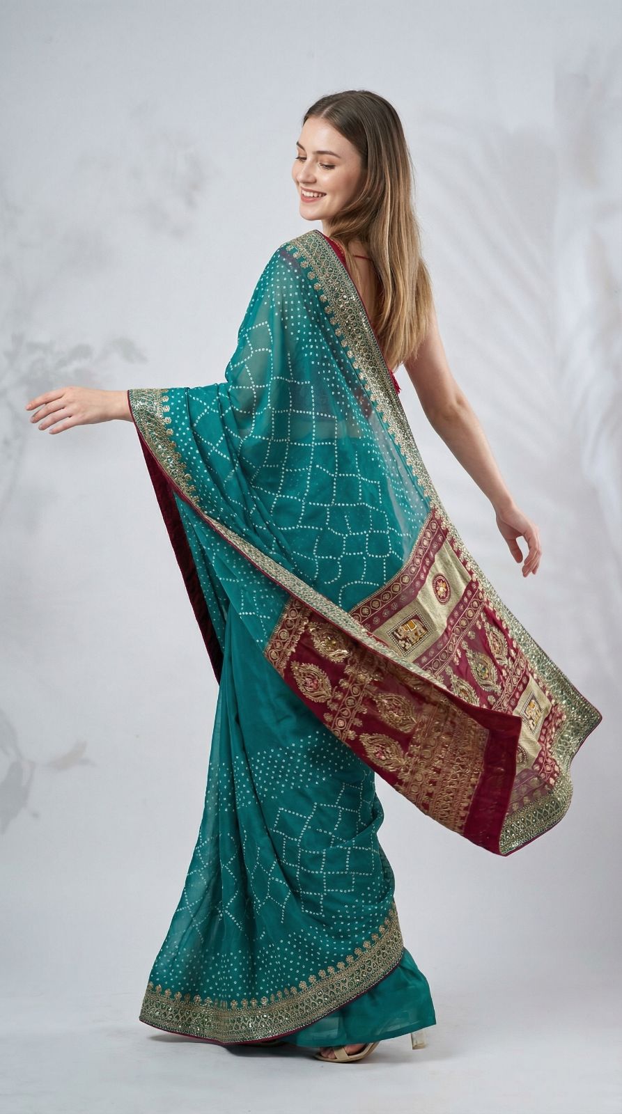 Firoji Vichitra Silk Saree With Khadi Bandhej Heavy Pallu & Zari Border | Wedding & Festive Wear – JaipurSaaj