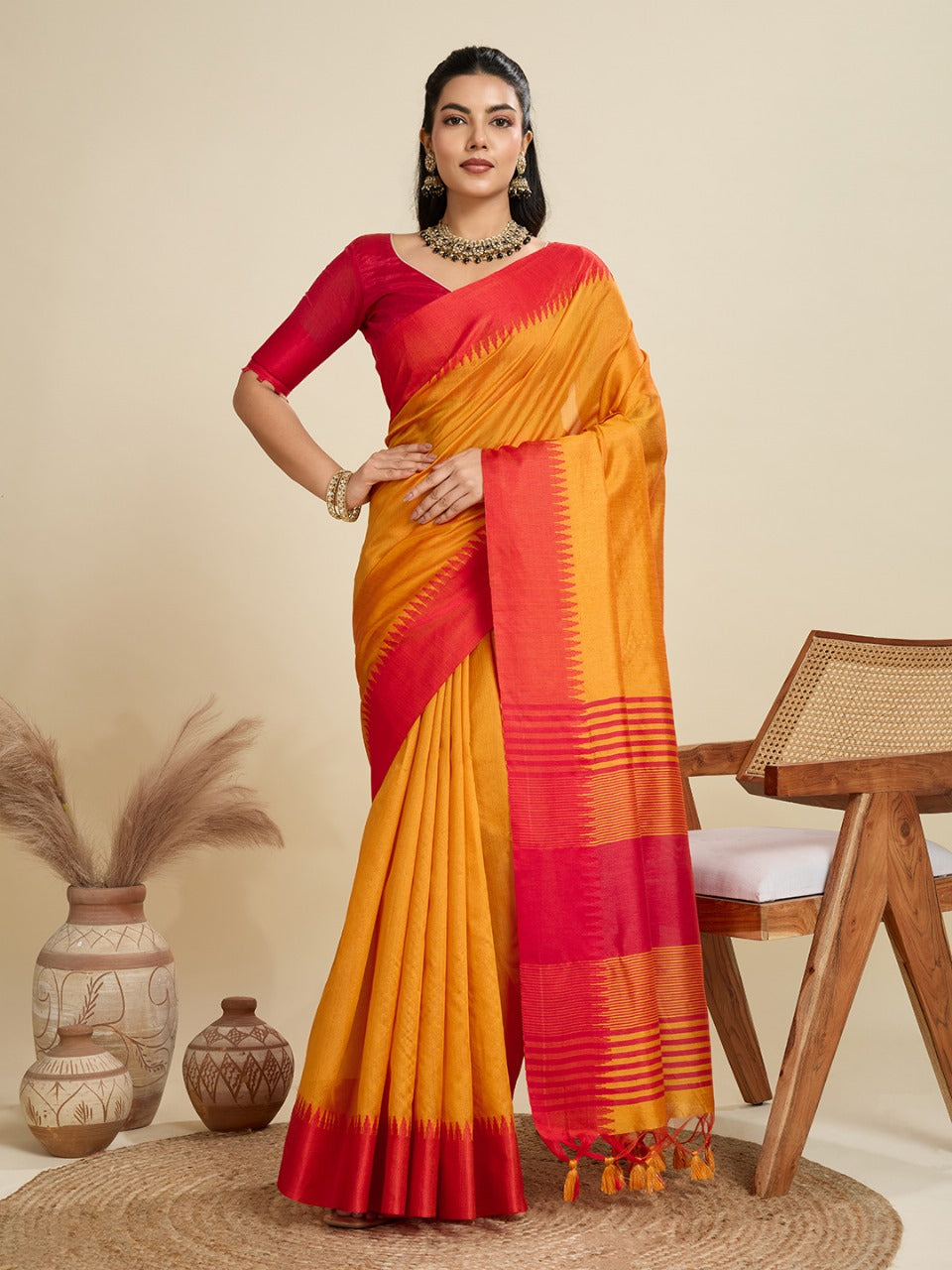 Orange Color Khadi Raw Silk Saree With Zari Lining Pallu With Tample Border