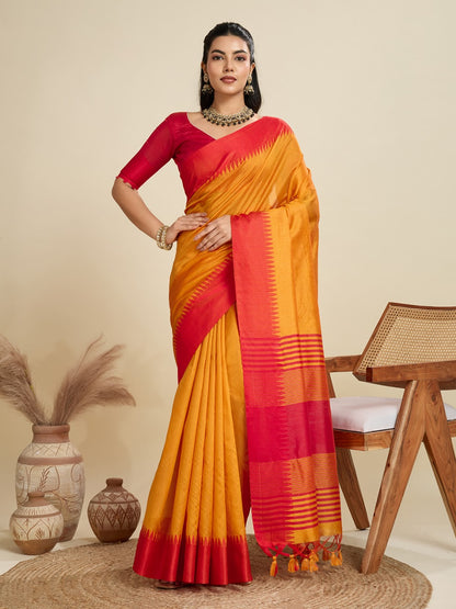 Orange Color Khadi Raw Silk Saree With Zari Lining Pallu With Tample Border
