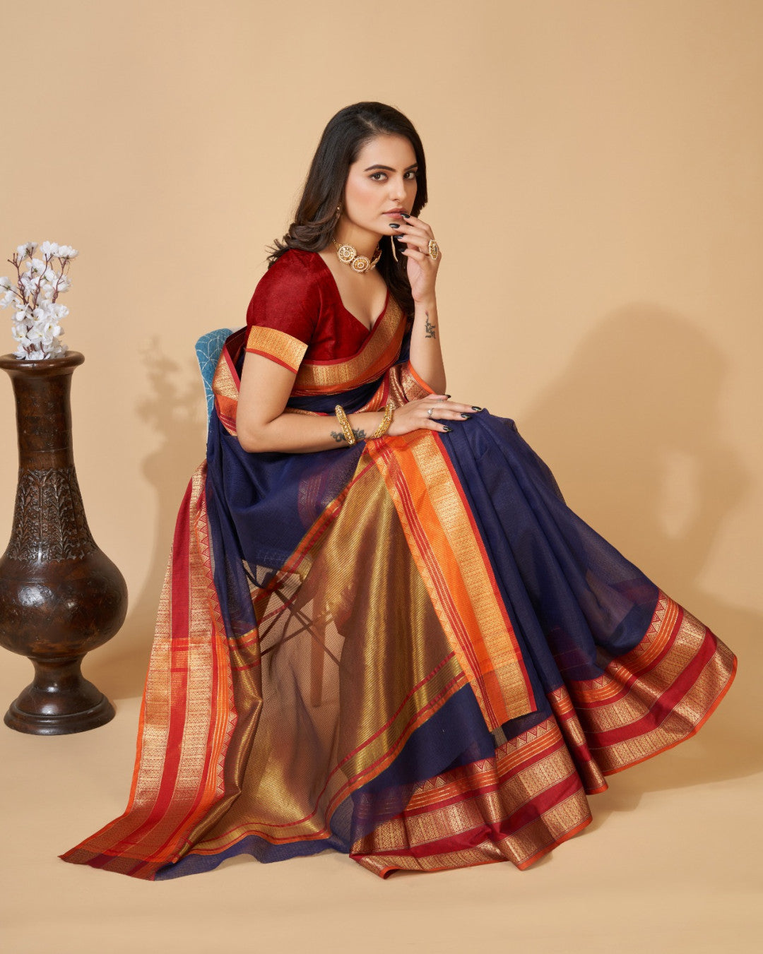 Navy Blue Kota Doriya Saree With Zari Weaving Work | Lightweight Daily Wear – JaipurSaaj